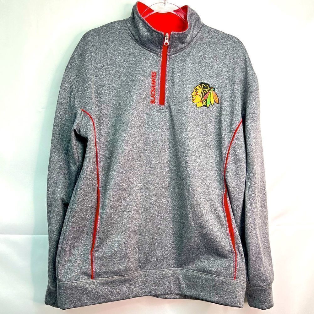 NHL Blackhawks Gray Quarter Zip Fleece Lined Athletic Sweatshirt
